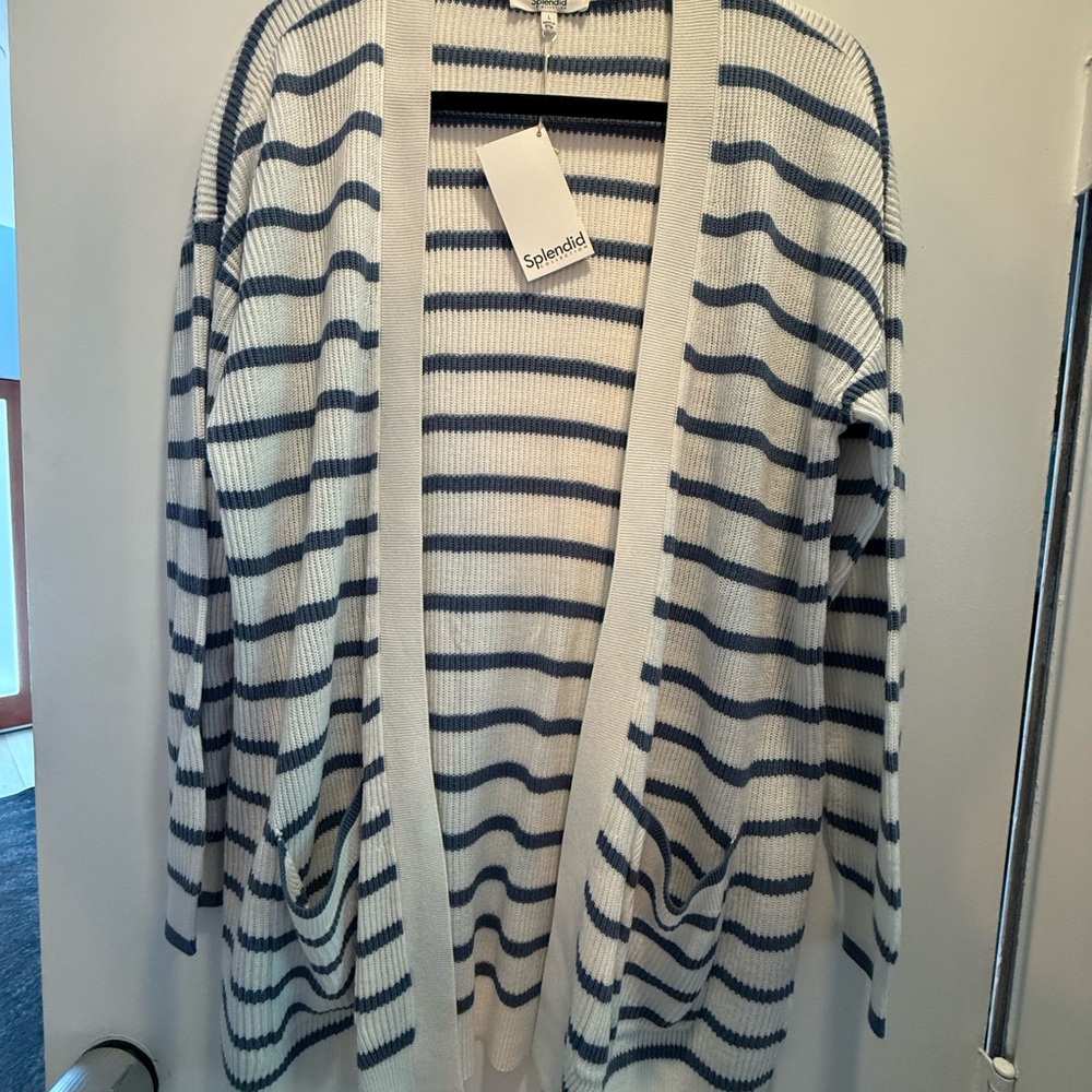 NWT! Splendid Blue and White Striped Cardigan Sweater, Large